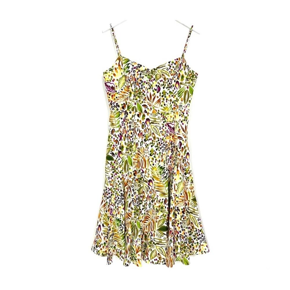 Talbots Green and Purple Leaf Print Midi Dress